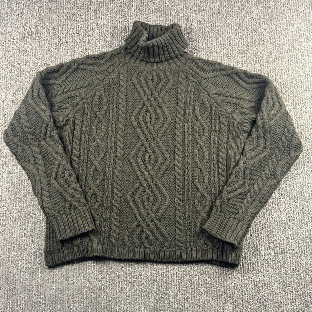 Paul James Womens M Wool Cable Knit Turtleneck Sweater Fisherman Olive Green